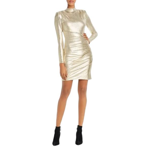 Alice & Olivia Hilary Ruched Long Sleeve Mock Neck Pale Gold Dress Size 10 - Picture 7 of 7
